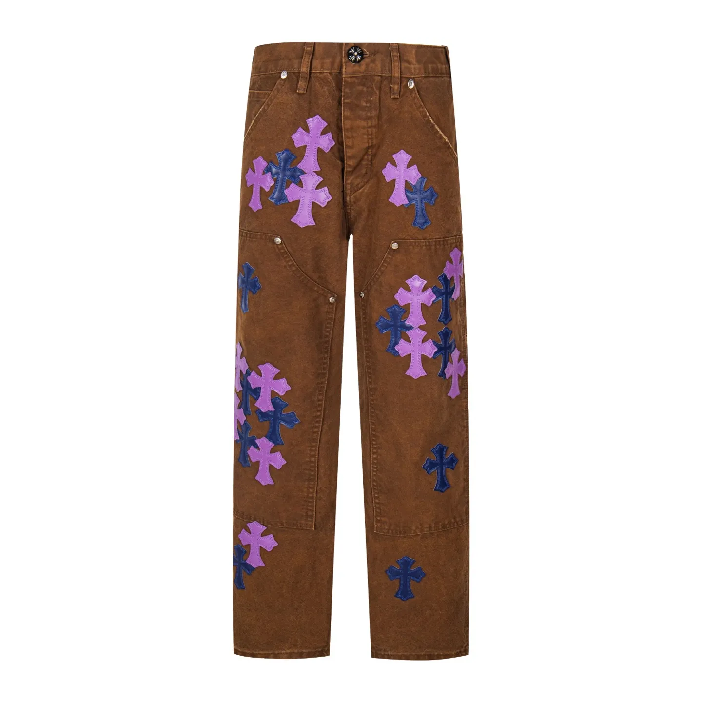P310 💰 (Top version) Chrome Hearts brown logging purple multi-leather jeans. Multi-leather standard workwear jeans and ch jeans need to be washed and then disassembled and hand-stitched with sheepskin cross leather and then spliced together. The whole process is too complicated to describe. About Chrome Hearts This is an extremely luxurious fashion brand that can also be called the aristocrat of the high street. It has always been an exclusive brand for some hipsters or the rich second generation. Compared with ordinary high streets, it is more luxurious and noble. Compared with luxury brands, it has a more fashionable personality. It has always been a brand that I have a special liking for. Color: Brown Size: 28-30-32-34-36 (corresponding to S-M-L-XL-XXL)